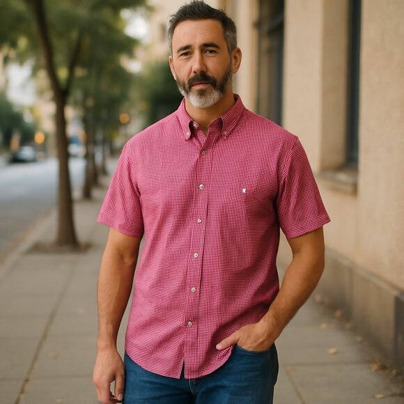 Chaps Men’s XL Short Sleeve Shirt Red White Gingham Plaid Button Front Casual - Picture 1 of 9